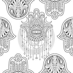 Hamsa hand seamless pattern, vector illustration. Hand drawn symbol of protection for adult anti stress coloring book, page in