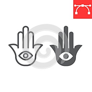 Hamsa line and glyph icon, rosh hashanah and hand eye, hamsa sign vector graphics, editable stroke linear icon, eps 10.