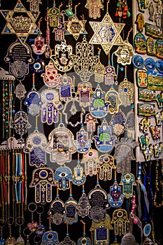 The hamsa and magen David, Arab market in Old City of Jerusalem