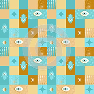 Hamsa, ?vil ?ye, stars and dots seamless in turquoise and gold on plaid background