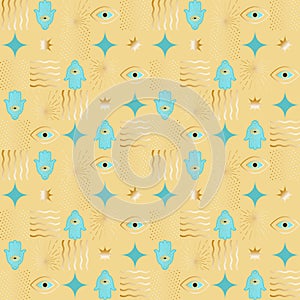 Hamsas, ?vil ?yes, stars, dots and waves seamless in turquoise on golden background photo