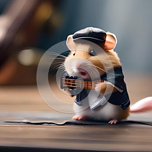 A hamster as a rock and roll musician, strumming a tiny electric guitar5