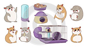 Hamster character. Cartoon curious pet with cage and wheel. Feeder or drinker. Domestic rodent poses and expressions photo