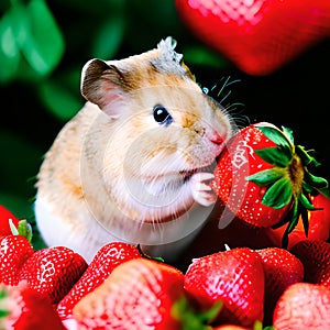 Hamster, cute pet eats strawberries