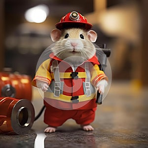 Hamster dressed as little firefighter, isolated, alone in image. Created using ai generative.