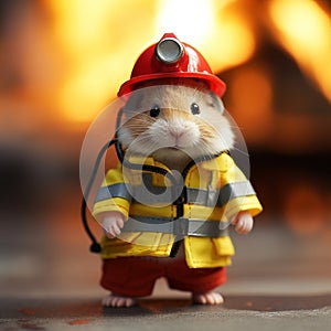Hamster dressed as little firefighter, isolated, alone in image. Created using ai generative.
