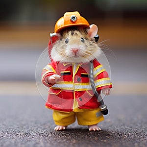 Hamster dressed as little firefighter, isolated, alone in image. Created using ai generative.