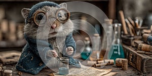 hamster dressed as a scientist mixing chemicals in a tiny lab