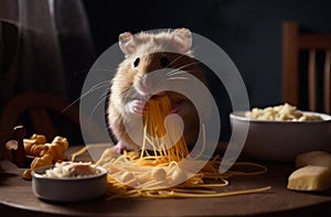 A hamster eating pasta. A hamster eating spaghetti off of a table