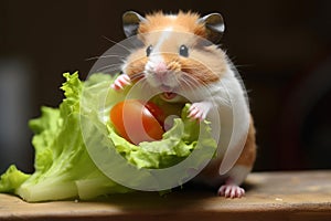 A hamster eats a salad with a tomato. The concept of feeding a domestic rodent