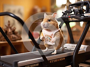 Hamster exercising on tiny treadmill photo