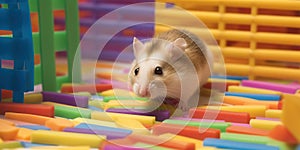 Hamster explores a homemade maze on a colorful background, illustrating the fun of engaging with our furry friends