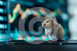 hamster in front of blurry trading charts, novice in stock exchange and asset market concept