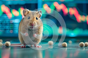 hamster in front of blurry trading charts, novice in stock exchange and asset market concept