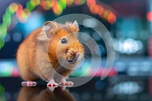 hamster in front of blurry trading charts, novice in stock exchange and asset market concept