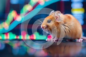 hamster in front of blurry trading charts, novice in stock exchange and asset market concept