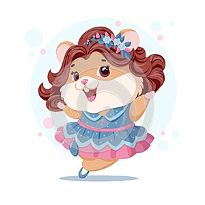 Hamster girl dances in a festive pink and blue costume