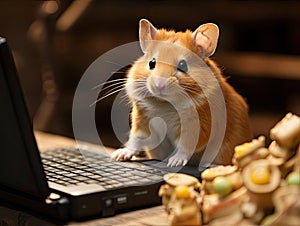 Hamster intensely using laptop
