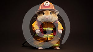 Hamster dressed as little firefighter, isolated, alone in image. Created using ai generative.