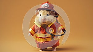 Hamster dressed as little firefighter, isolated, alone in image. Created using ai generative.