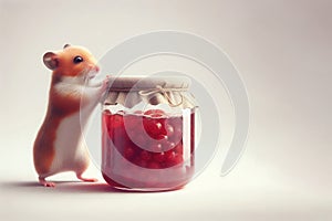 Hamster with a jar of jam. Space for text.