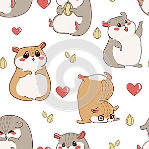 Hamster pattern. Cartoon seamless texture with funny fluffy pet. Home happy animal print for kids wallpaper. Rodent