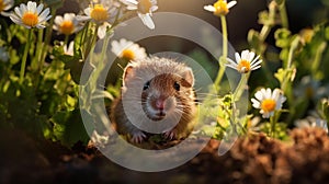 a hamster peeking out of the grass and flowers in a field