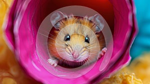 Hamster Peeks Out of Pink Tube