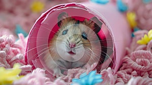 Hamster in Pink Cone on Blanket