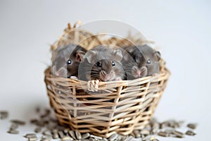 hamster pups in a small wicker basket with sunflower seeds