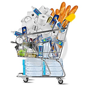 Hamster purchse panic shopping coronavirus crisis concept. Shop cart filled with disinfection spray pasta toilet paper water food