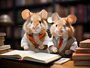 Hamster reading book in mini library