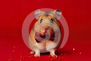 Hamster in a red bow tie on a red background with sequins.