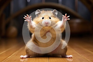 Hamster Roborovski contorting its body into a funny yoga pose
