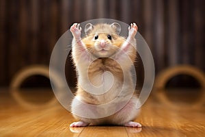 Hamster Roborovski contorting its body into a funny yoga pose