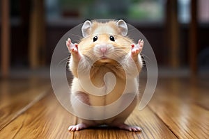 Hamster Roborovski contorting its body into a funny yoga pose