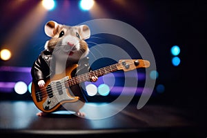 Hamster rock musician stands on stage in the light of stage lights with an electric guitar