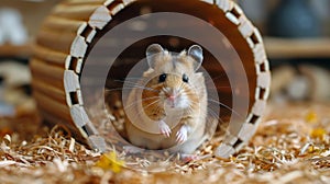 Hamster Running in Hamster Wheel Among Wood Chips