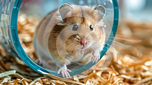 Hamster Running in Hamster Wheel Among Wood Chips