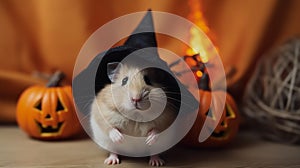 Hamster(s) dressed at witch(es) in a spooky Halloween scene. Created using ai generative.