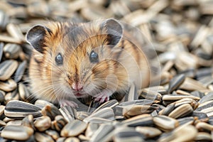 A hamster is seated in a pile of sunflower seeds, appearing curious and engaged, A curious hamster investigating a pile of