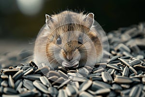 A hamster is sitting amongst a pile of sunflower seeds, A curious hamster investigating a pile of sunflower seeds