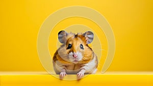 Hamster is sitting on yellow background looking at something with its beady eyes. Generative AI