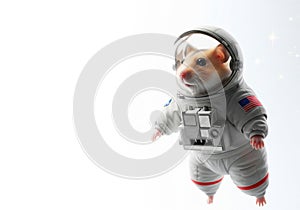 A hamster in a space suit soars in space among the stars. Space for text.