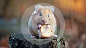 Hamster stands on a stump, bread nearby, curious eyes surveying its surroundings, Ai Generated
