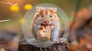 Hamster stands on a stump, bread nearby, curious eyes surveying its surroundings, Ai Generated