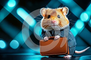 A hamster in a suit holding a briefcase on a table