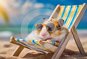 Hamster with sunglasses is relaxing in a sun lounger on the beach