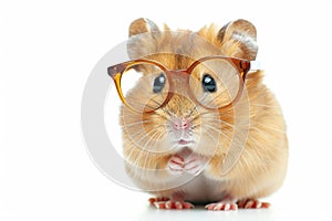 Hamster wearing glasses on white backdrop, adorable and amusing...