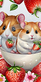 Hamsters sharing strawberries in a bowl. Generative AI